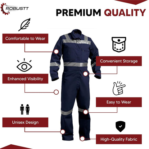 Robustt Blue Boiler Suit, Small, 225 GSM, 100% Cotton Suit with Multiple Pockets, Retardant Industrial Suit, Workwear Suit with Reflective Tape, Unisex Coveralls for Industrial & Protective Use