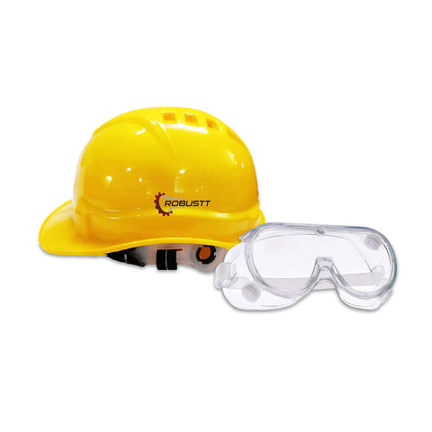 Robustt Ratchet Helmet Yellow (Pack of 1) and Chemical Safety Googles Transparent (Pack of 5) Combos