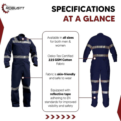 Robustt Blue Boiler Suit, Large, 225 GSM, 100% Cotton Suit with Multiple Pockets, Retardant Industrial Suit, Workwear Suit with Reflective Tape, Unisex Coveralls For Industrial & Protective Use