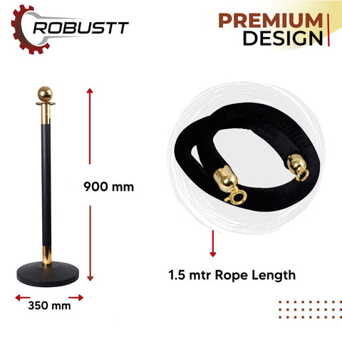 Robustt Stainless Steel Black Queue Manager Barricade with Black Velvet Rope, (900mm Pillar, 1.5mtr Rope)