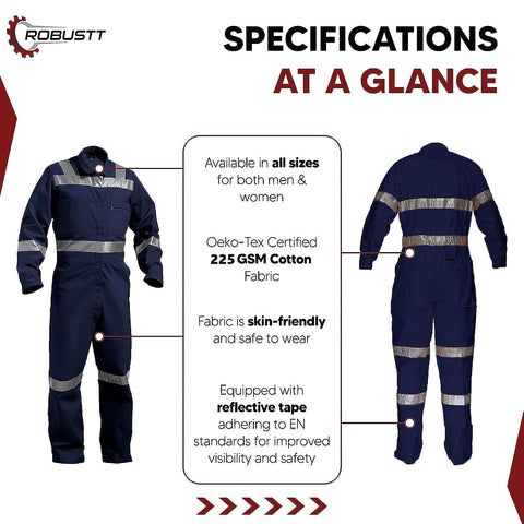 Robustt Blue Boiler Suit, Small, 225 GSM, 100% Cotton Suit with Multiple Pockets, Retardant Industrial Suit, Workwear Suit with Reflective Tape, Unisex Coveralls for Industrial & Protective Use