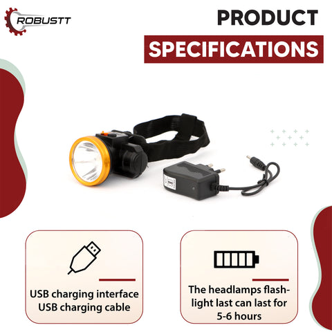 Robustt Rechargeable LED Head Light Torch 75W Waterproof Adjustable Head Lamp for Camping, Trekking, Hiking, Running etc