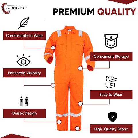 Robustt Orange Boiler Suit, XL, 225 GSM, 100% Cotton Suit with Multiple Pockets, Retardant Industrial Suit, Workwear Suit with Reflective Tape, Unisex Coveralls for Industrial & Protective Use