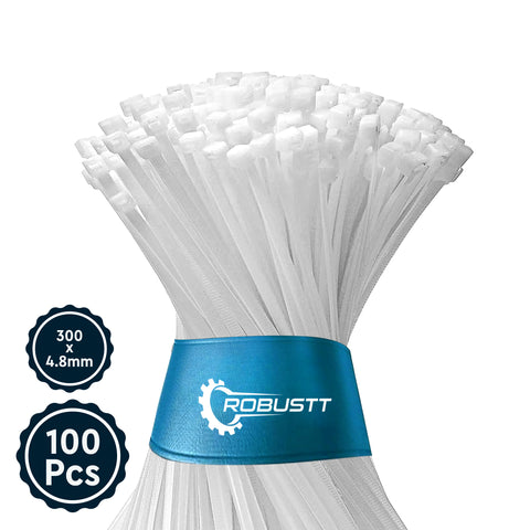 Robustt Self Locking Cable Ties, 300 X 4.8 mm, White, Heat Resistant Cable Zip Ties, Self-Locking Cable Organizer, Anti - Slip Wire Organizer, For Indoor & Outdoor Use
