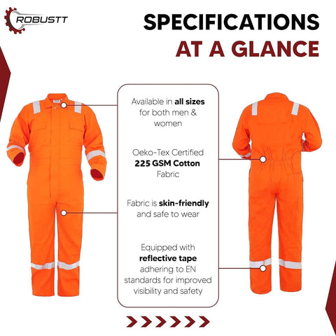 Robustt Orange Boiler Suit, XXL, 225 GSM, 100% Cotton Suit with Multiple Pockets, Retardant Industrial Suit, Workwear Suit with Reflective Tape, Unisex Coveralls for Industrial & Protective Use