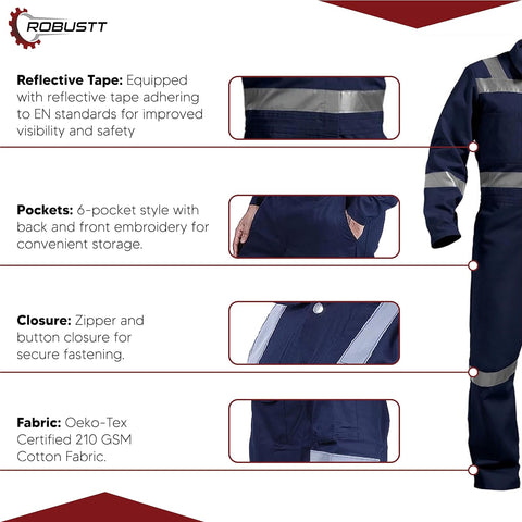 Robustt Blue Boiler Suit, XL, 225 GSM, 100% Cotton Suit with Multiple Pockets, Retardant Industrial Suit, Workwear Suit with Reflective Tape, Unisex Coveralls for Industrial & Protective Use