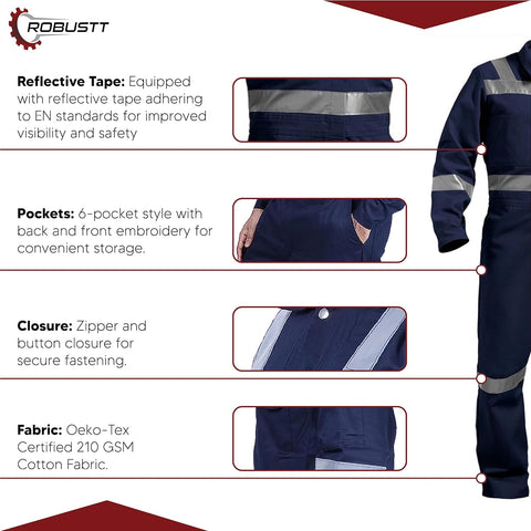 Robustt Blue Boiler Suit, XXL, 225 GSM, 100% Cotton Suit with Multiple Pockets, Retardant Industrial Suit, Workwear Suit with Reflective Tape, Unisex Coveralls For Industrial & Protective Use