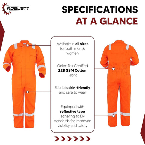 Robustt Orange Boiler Suit, Large, 210 GSM, 100% Cotton Suit with Multiple Pockets, Retardant Industrial Suit, Workwear Suit with Reflective Tape, Unisex Coveralls for Industrial & Protective Use