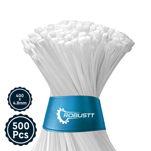 Robustt Self Locking Cable Ties, 400 X 4.8 mm, White, Heat Resistant Cable Zip Ties, Self-Locking Cable Organizer, Anti - Slip Wire Organizer, For Indoor & Outdoor Use