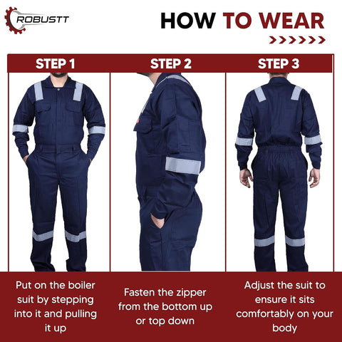 Robustt Blue Boiler Suit, XL, 225 GSM, 100% Cotton Suit with Multiple Pockets, Retardant Industrial Suit, Workwear Suit with Reflective Tape, Unisex Coveralls for Industrial & Protective Use