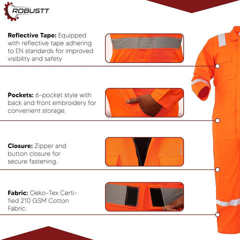 Robustt Orange Boiler Suit, Large, 210 GSM, 100% Cotton Suit with Multiple Pockets, Retardant Industrial Suit, Workwear Suit with Reflective Tape, Unisex Coveralls for Industrial & Protective Use