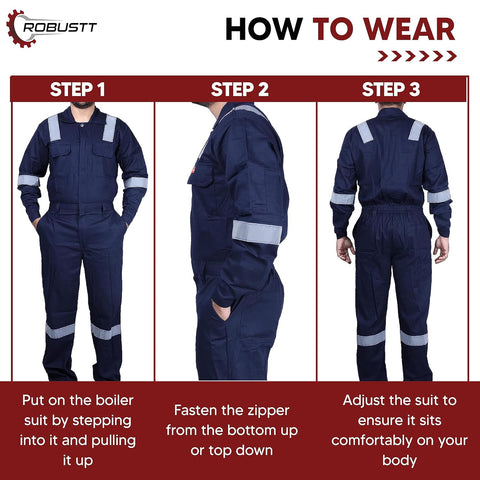 Robustt Blue Boiler Suit, Large, 225 GSM, 100% Cotton Suit with Multiple Pockets, Retardant Industrial Suit, Workwear Suit with Reflective Tape, Unisex Coveralls For Industrial & Protective Use