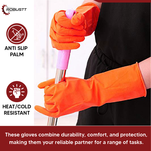 Robustt Premium Orange Rubber Cleaning Gloves, Reusable Gloves for Cleaning, Chemicals & Detergents Resistant, Heavy Duty Hand Gloves, Hand Gloves for Dish Washing, Gardening & Cleaning