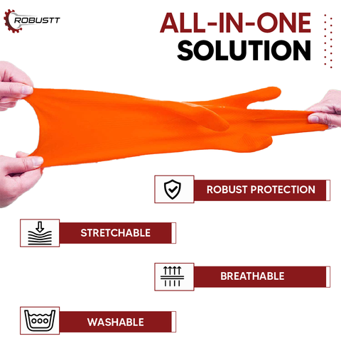 Robustt Premium Orange Rubber Cleaning Gloves, Reusable Gloves for Cleaning, Chemicals & Detergents Resistant, Heavy Duty Hand Gloves, Hand Gloves for Dish Washing, Gardening & Cleaning