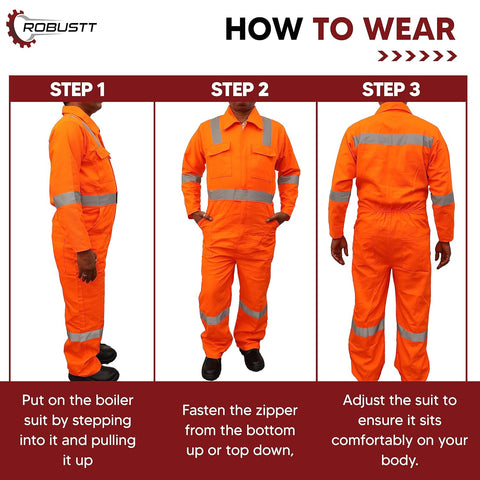 Robustt Orange Boiler Suit, Medium, 225 GSM, 100% Cotton Suit with Multiple Pockets, Retardant Industrial Suit, Workwear Suit with Reflective Tape, Unisex Coveralls for Industrial & Protective Use