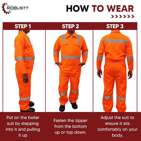 Robustt Orange Boiler Suit, Large, 210 GSM, 100% Cotton Suit with Multiple Pockets, Retardant Industrial Suit, Workwear Suit with Reflective Tape, Unisex Coveralls for Industrial & Protective Use