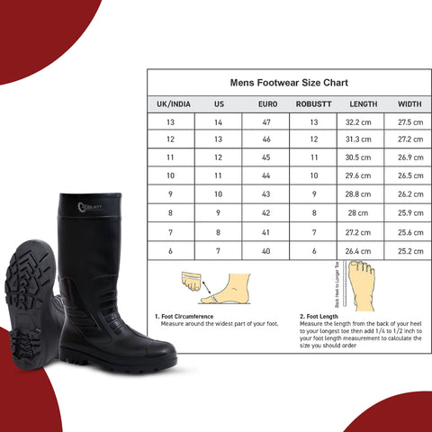 Robustt Steel Toe Lightweight Gum Boots, Standard Steel Safety Shoes, Anti Slip, Waterpoof, Breathable Printed Leather Shoes, Puncture and Tear Resistant, for Industrial Use (Black)