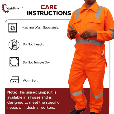 Robustt Orange Boiler Suit, XL, 225 GSM, 100% Cotton Suit with Multiple Pockets, Retardant Industrial Suit, Workwear Suit with Reflective Tape, Unisex Coveralls for Industrial & Protective Use