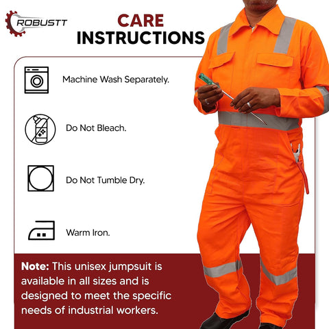 Robustt Orange Boiler Suit, Large, 210 GSM, 100% Cotton Suit with Multiple Pockets, Retardant Industrial Suit, Workwear Suit with Reflective Tape, Unisex Coveralls for Industrial & Protective Use