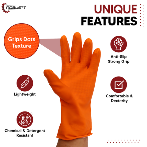 Robustt Premium Orange Rubber Cleaning Gloves, Reusable Gloves for Cleaning, Chemicals & Detergents Resistant, Heavy Duty Hand Gloves, Hand Gloves for Dish Washing, Gardening & Cleaning