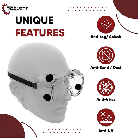 Robustt Safety Goggles for Chemical Protection with an Adjustable Strap and Minimum Lens Fogging