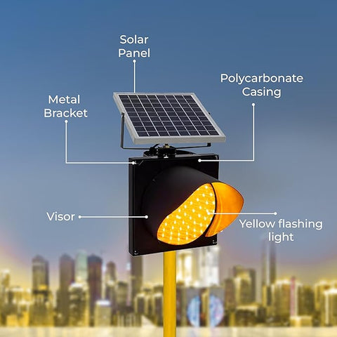 Robustt Solar Powered Yellow LED Flashing Warning Light | High-Visibility with Flicker Mode | IP65 Advanced Waterproof