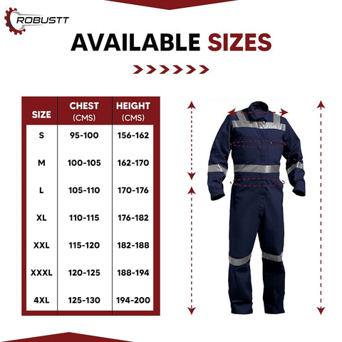 Robustt Blue Boiler Suit, Medium, 225 GSM, 100% Cotton Suit with Multiple Pockets, Retardant Industrial Suit, Workwear Suit with Reflective Tape, Unisex Coveralls for Industrial & Protective Use