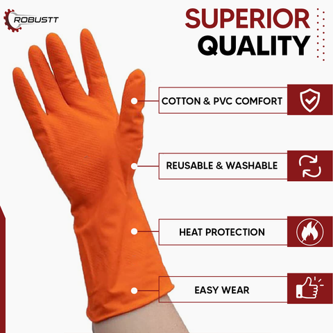 Robustt Premium Orange Rubber Cleaning Gloves, Reusable Gloves for Cleaning, Chemicals & Detergents Resistant, Heavy Duty Hand Gloves, Hand Gloves for Dish Washing, Gardening & Cleaning