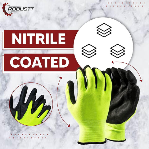 Robustt Nylon Nitrile Coated Industrial Safety Hand Gloves Anti-Cut, Cut Resistant, Heat Resistant, Industrial Use, For Finger and Hand Protection