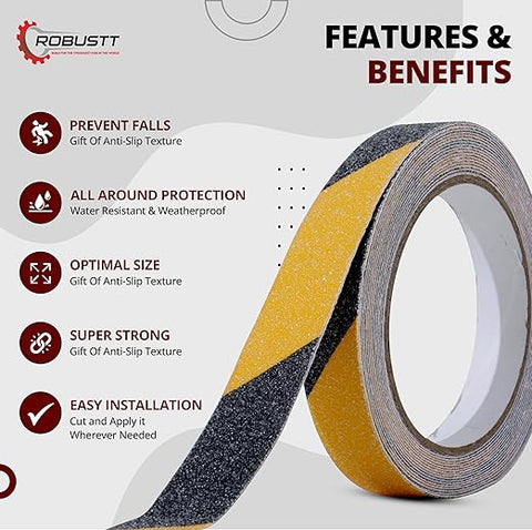 Robustt Anti Skid/AntiSlip Tape Fall Resistant with PET Material and Solvent Acrylic Adhesive Tape for Slippery Floors, Staircase, Ramps, Indoor, Outdoor Use (Yellow & Black)