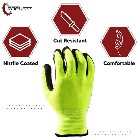 Robustt Nylon Nitrile Coated Industrial Safety Hand Gloves Anti-Cut, Cut Resistant, Heat Resistant, Industrial Use, For Finger and Hand Protection