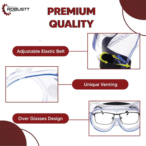 Robustt Safety Goggles for Chemical Protection with an Adjustable Strap and Minimum Lens Fogging