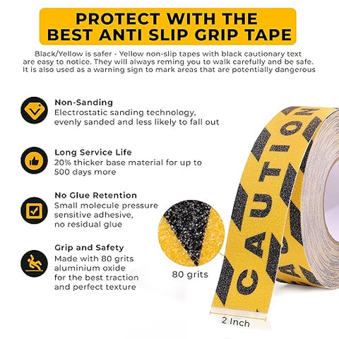 Robustt Caution Warning Anti Skid/Anti Slip Tape (18 Meter 50MM) Solvent Acrylic Adhesive Tape for Slippery Floors, Staircase, Ramps, Indoor, Outdoor Use