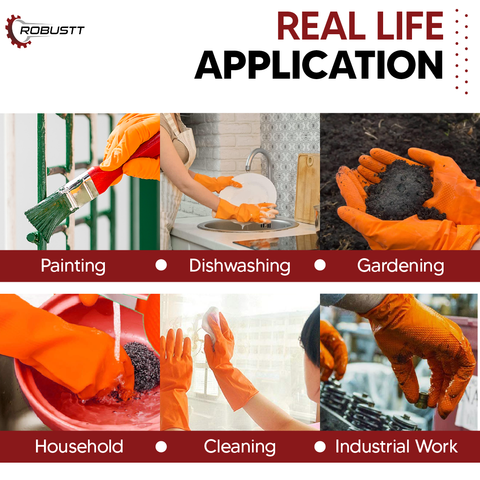 Robustt Premium Orange Rubber Cleaning Gloves, Reusable Gloves for Cleaning, Chemicals & Detergents Resistant, Heavy Duty Hand Gloves, Hand Gloves for Dish Washing, Gardening & Cleaning