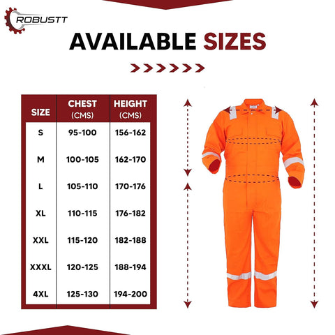 Robustt Orange Boiler Suit, Large, 210 GSM, 100% Cotton Suit with Multiple Pockets, Retardant Industrial Suit, Workwear Suit with Reflective Tape, Unisex Coveralls for Industrial & Protective Use