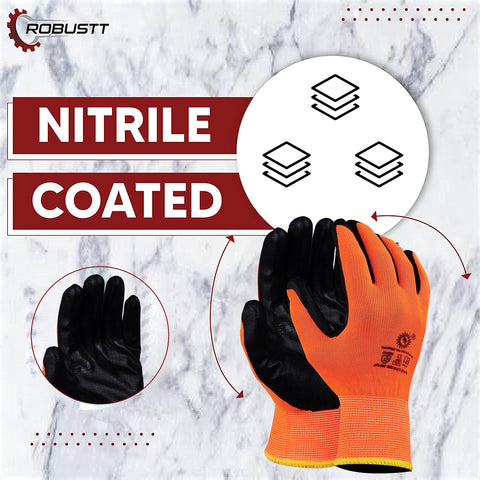 Robustt Nylon Nitrile Coated Industrial Safety Hand Gloves Anti-Cut, Heat Resistant, for Finger and Hand Protection