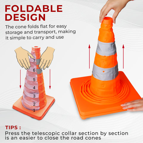 Robustt 28 Inches Reflective Foldable Road Collapsible Folding Safety Traffic Cone With Red Warning Light