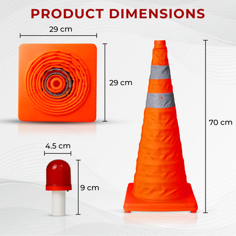 Robustt 28 Inches Reflective Foldable Road Collapsible Folding Safety Traffic Cone With Red Warning Light