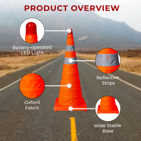 Robustt 28 Inches Reflective Foldable Road Collapsible Folding Safety Traffic Cone With Red Warning Light