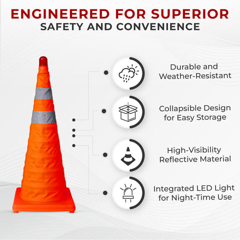 Robustt 28 Inches Reflective Foldable Road Collapsible Folding Safety Traffic Cone With Red Warning Light