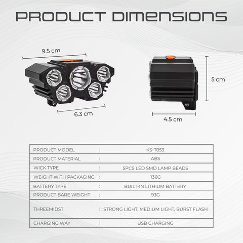 Robustt USB Rechargeable Headlight 3 Light 180 Azimuth Adjustment Portable Lightweight Head Lamp