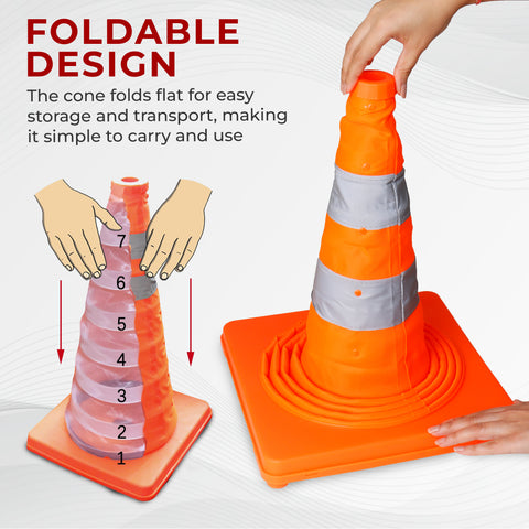 Robustt 28 Inches Reflective Foldable Road Collapsible Folding Safety Traffic Cone With Red Warning Light