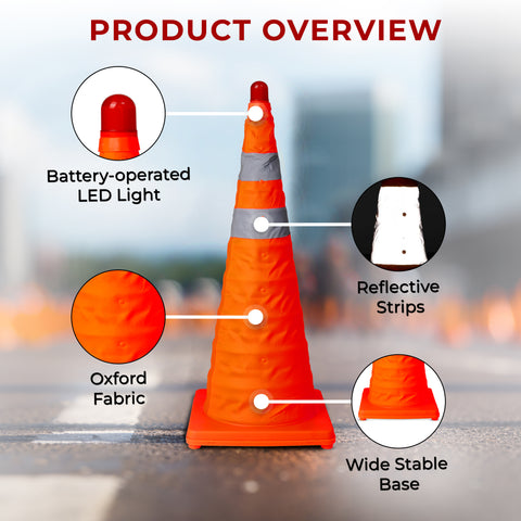 Robustt 28 Inches Reflective Foldable Road Collapsible Folding Safety Traffic Cone With Red Warning Light