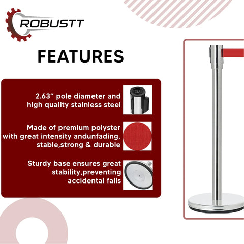Robustt Stainless Steel Silver Queue Manager, Assorted Color Belt, 900 mm Pillar, 2 pole with Expandable 3mtr stanchion