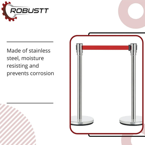Robustt Stainless Steel Silver Queue Manager, Assorted Color Belt, 900 mm Pillar, 2 pole with Expandable 3mtr stanchion