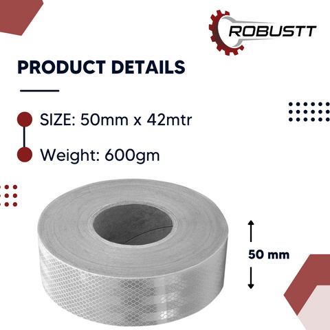 Robustt White Reflective Tape (42 Mtr X 50mm) White PET Material, Diamond Cut Design
