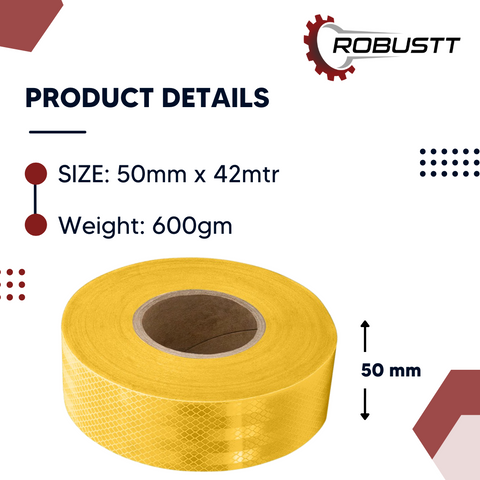 Robustt Yellow Reflective Tape (50mm) , White PET Material, Diamond Cut Design