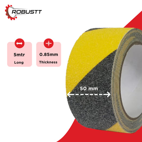 Robustt Anti Skid/ Anti Slip (5mtr X 50mm) Yellow/Black Fall Resistant with PET Material and Solvent Acrylic Adhesive Tape For Slippery Floors, Staircase, Ramps, Indoor, Outdoor Use