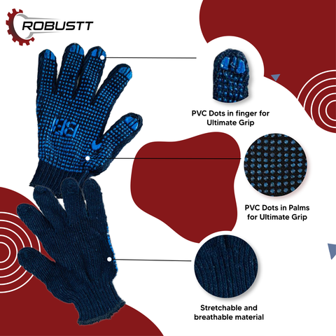 Robustt Cotton Hand Gloves Coated with PVC Dots For Industrial Work