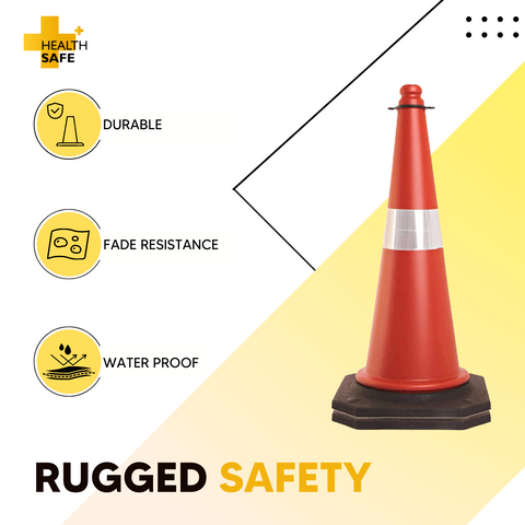 HEALTH SAFE Plastic Traffic Safety Cone (750MM) Barricade with Black Rubber Base, Reflective Strips Collar for Road Safety